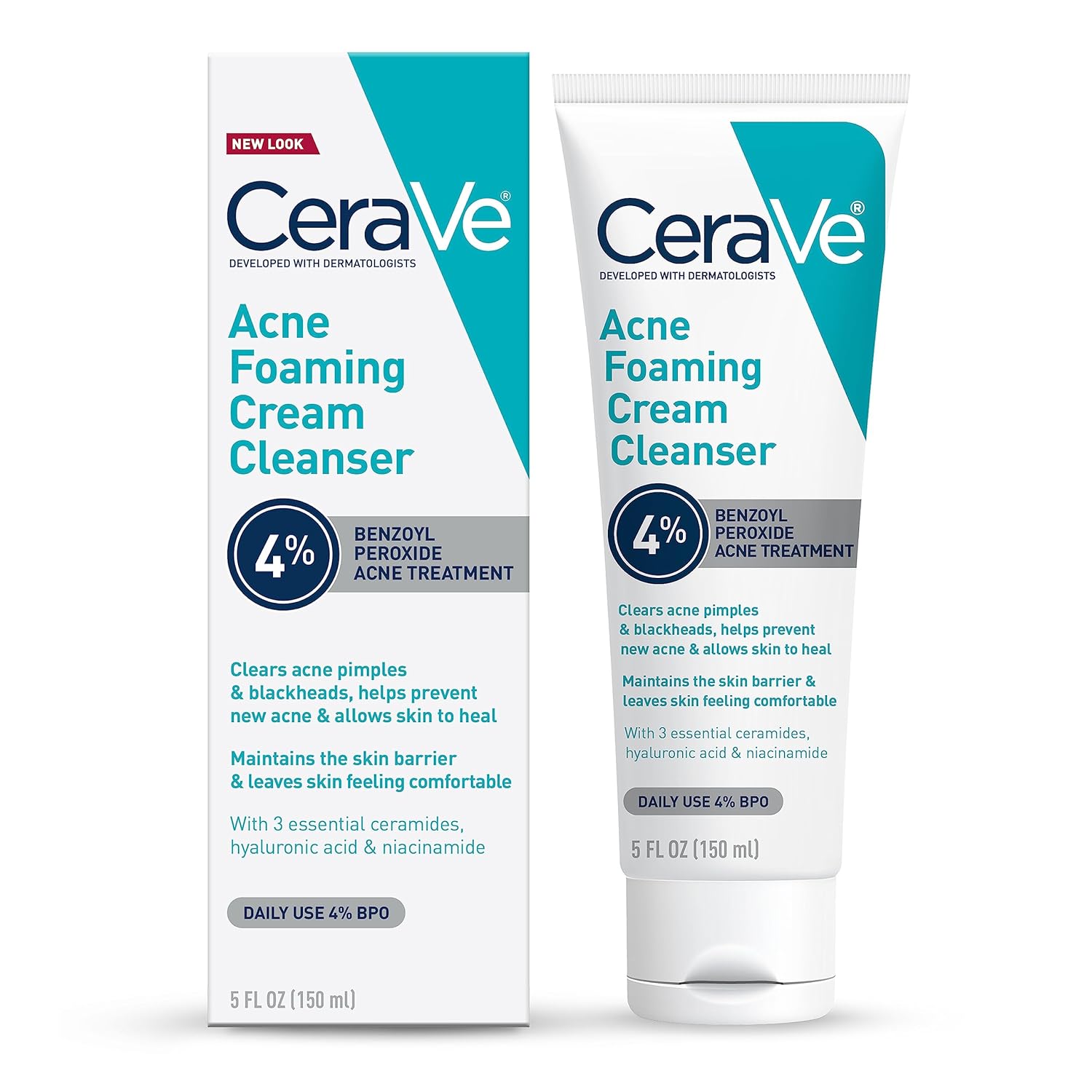 1 CeraVe Acne Foaming Cream Cleanser, 4% Benzoyl Peroxide Face Wash With Hyaluronic Acid, Niacinamide & Ceramides, Gentle Daily Acne Treatment For Face, 5 Fl Oz/150 ml - Image 1