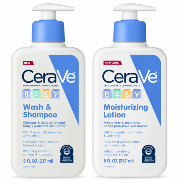 CeraVe Baby 2-in-1 Wash & Shampoo with Vitamin E for Hair & Skin, 16oz & Lotion Combo.