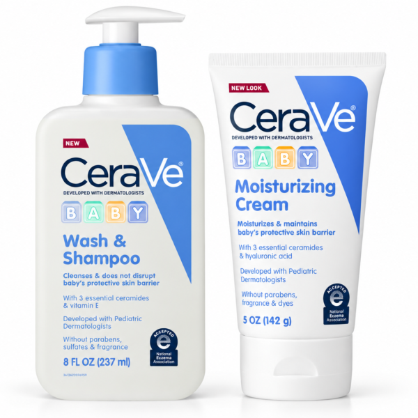 CeraVe Baby 2-in-1 Wash & Shampoo with Vitamin E for Hair & Skin, 8oz & CeraVe Baby Cream, Gentle Moisturizing Cream with Hyaluronic Acid, 5oz